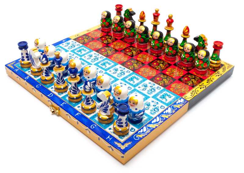 Khokhloma and Gzhel Hand Painted Chess Pieces on Wooden Chess Board