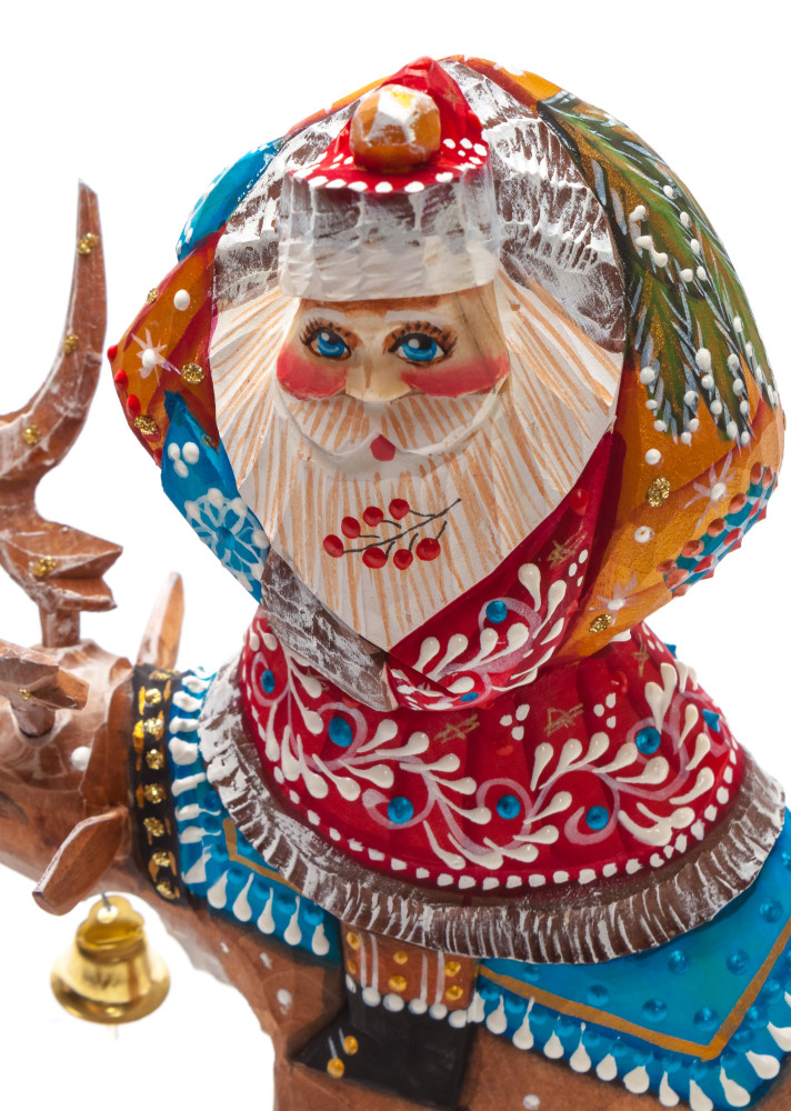 180 mm Santa with a Bag riding the Deer Carved Wood Hand Painted Collectible Figurine (by Natalia Nikitina Workshop)