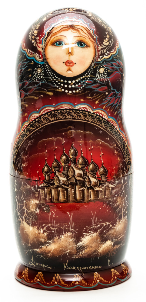 200 mm Russian Wooden Northern Churches hand painted on Matryoshka doll 5 pcs (by A Studio)