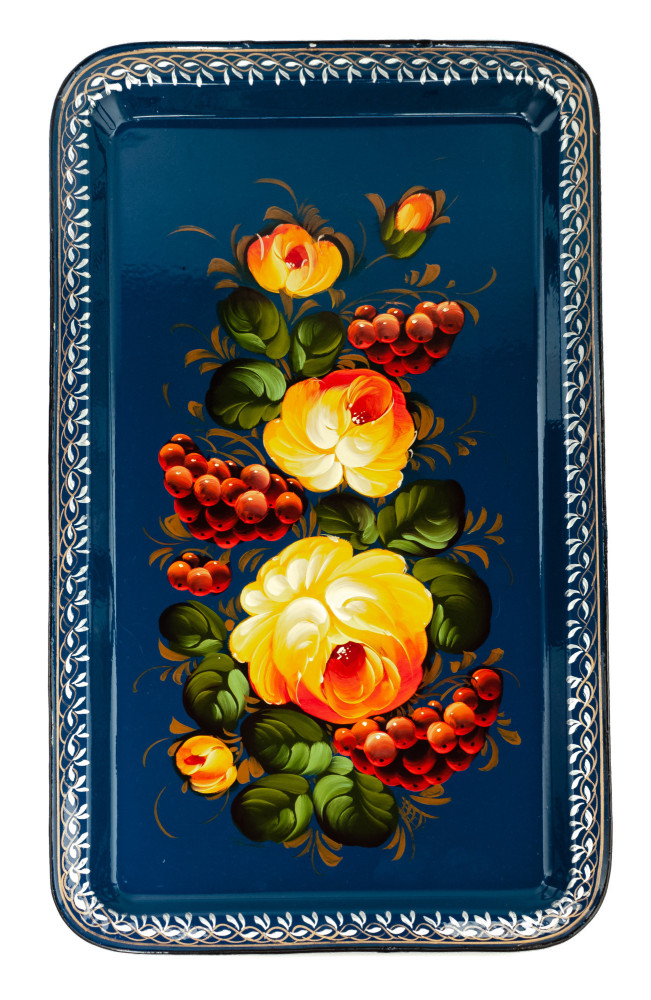 235x395 mm Zhostovo Patterns hand painted and lacquered by Chadenova Metal Forged Blue Tray (by Lada Crafts)