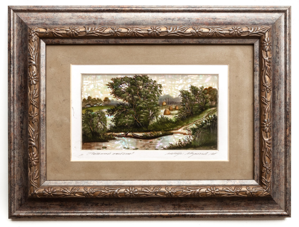 280x210 mm Summer Landscapehand painted on Nacre Fedoscino painting (by Tatiana Fedoscino Arts)
