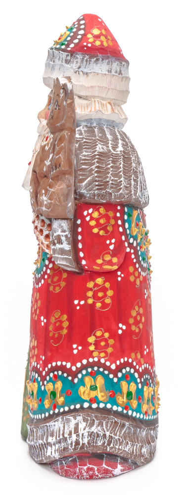 180 mm Santa with a Bag and a Bear Carved Wood Hand Painted Collectible Figurine (by Natalia Nikitina Workshop)
