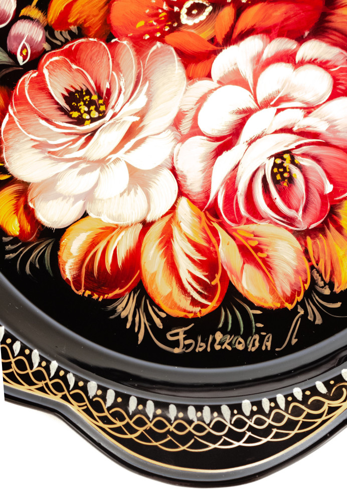 d 220 mm Zhostovo Patterns hand painted and lacquered by Bychkova Metal Forged Black Tray (by Lada Crafts)