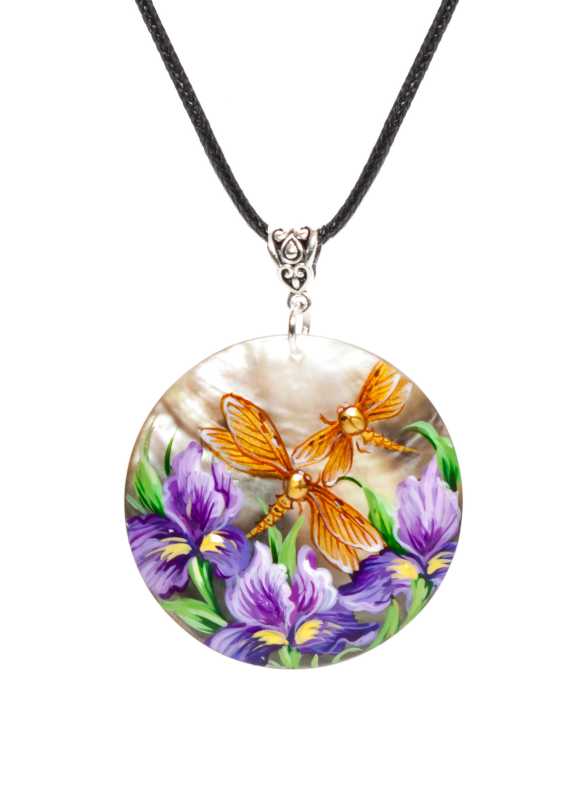 d50 mm Dragonflies on Flowers hand painted Nacre Pendant (by Tatiana Shkatulka Crafts)