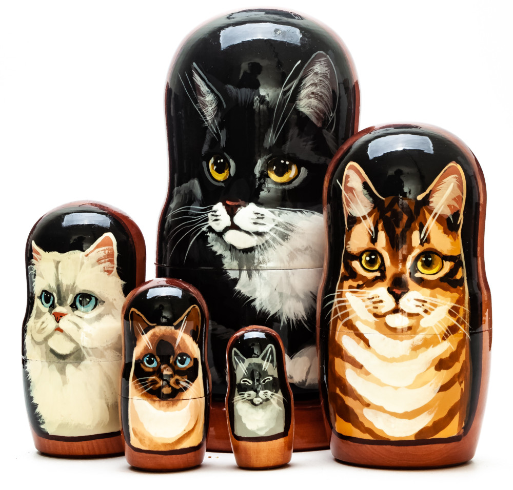 180mm Cat hand painted on wooden Matryoshka doll 5 pcs (by Alexander Famous Paintings Studio)