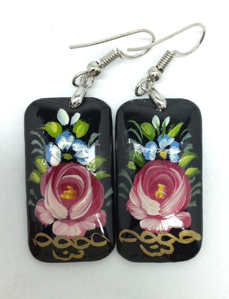 Zhostovo Black Rectangular hand painted papier-mache Earrings (by Lada Workshop)