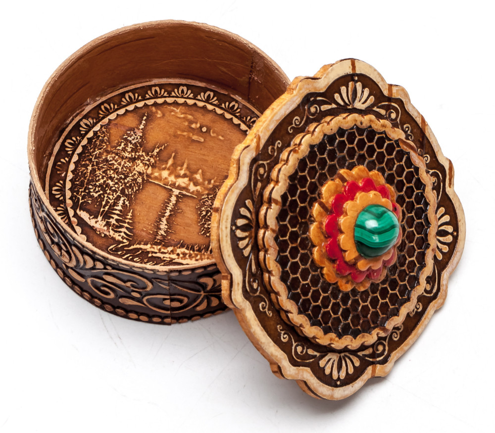 60x60 mm Siberian Patterns hand made Birchbark Jewelry Box (by Maxim Birch)
