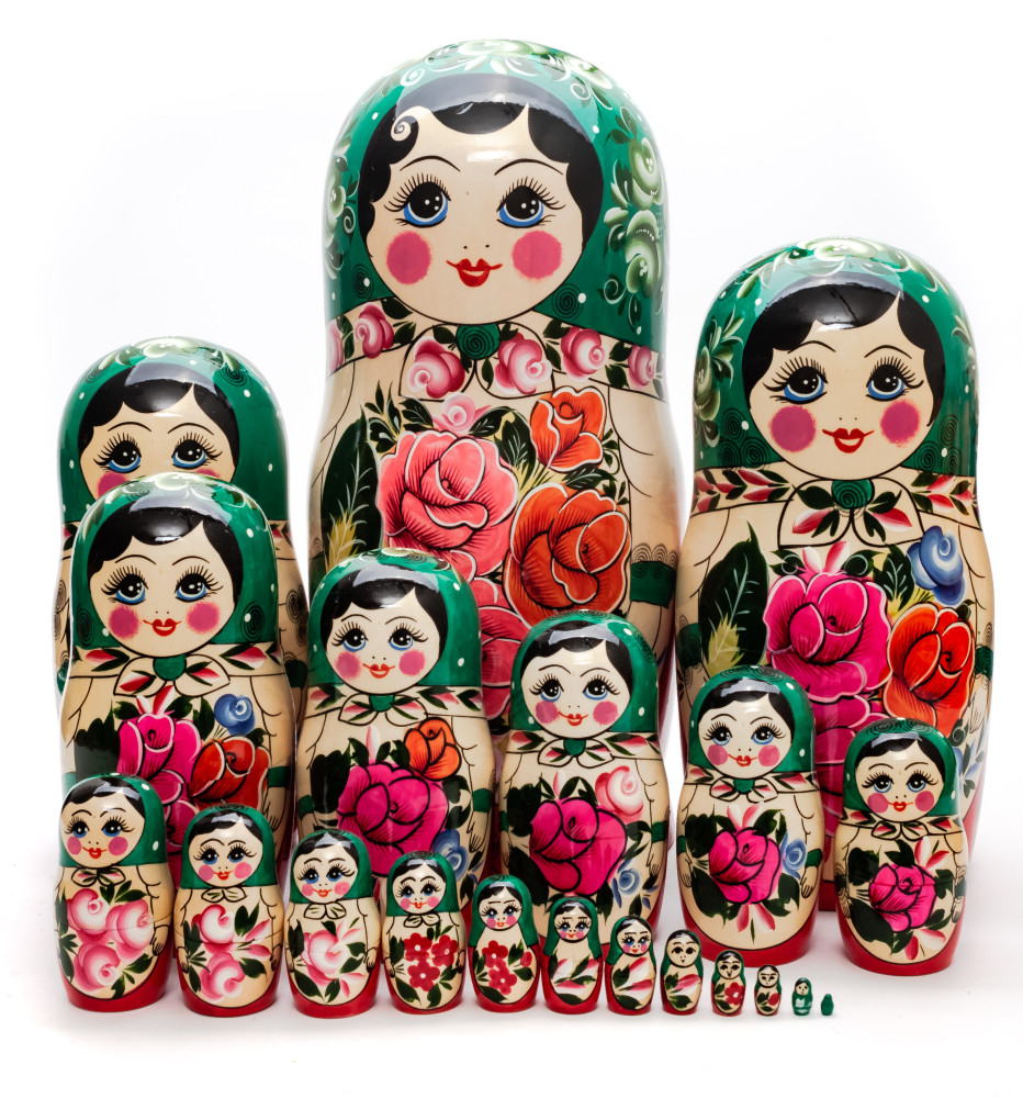 Green Scarf Russian hand painted Wooden Matryoshka with 20 dolls inside