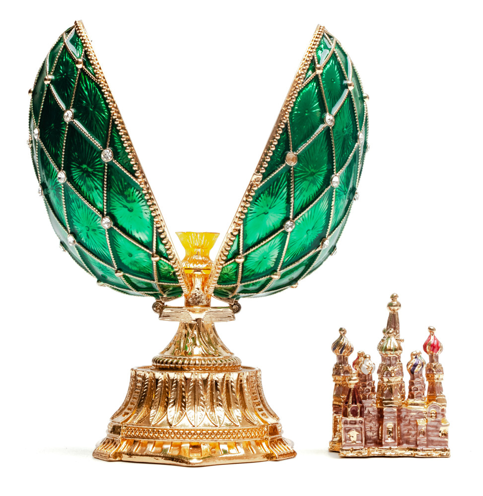 90 mm The Saint Basil Cathedral Green Easter Egg with a Figure inside