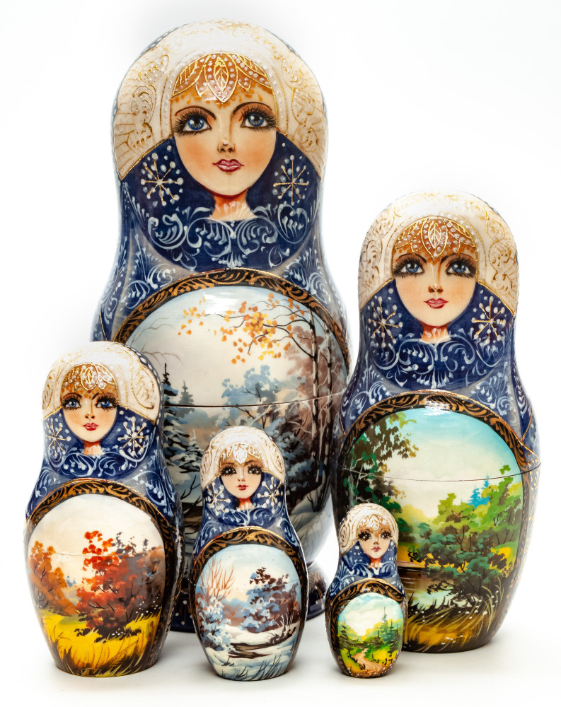 200 mm Winter Forest hand painted on Wooden Matryoshka doll 5 pcs (by Trifinov Studio)