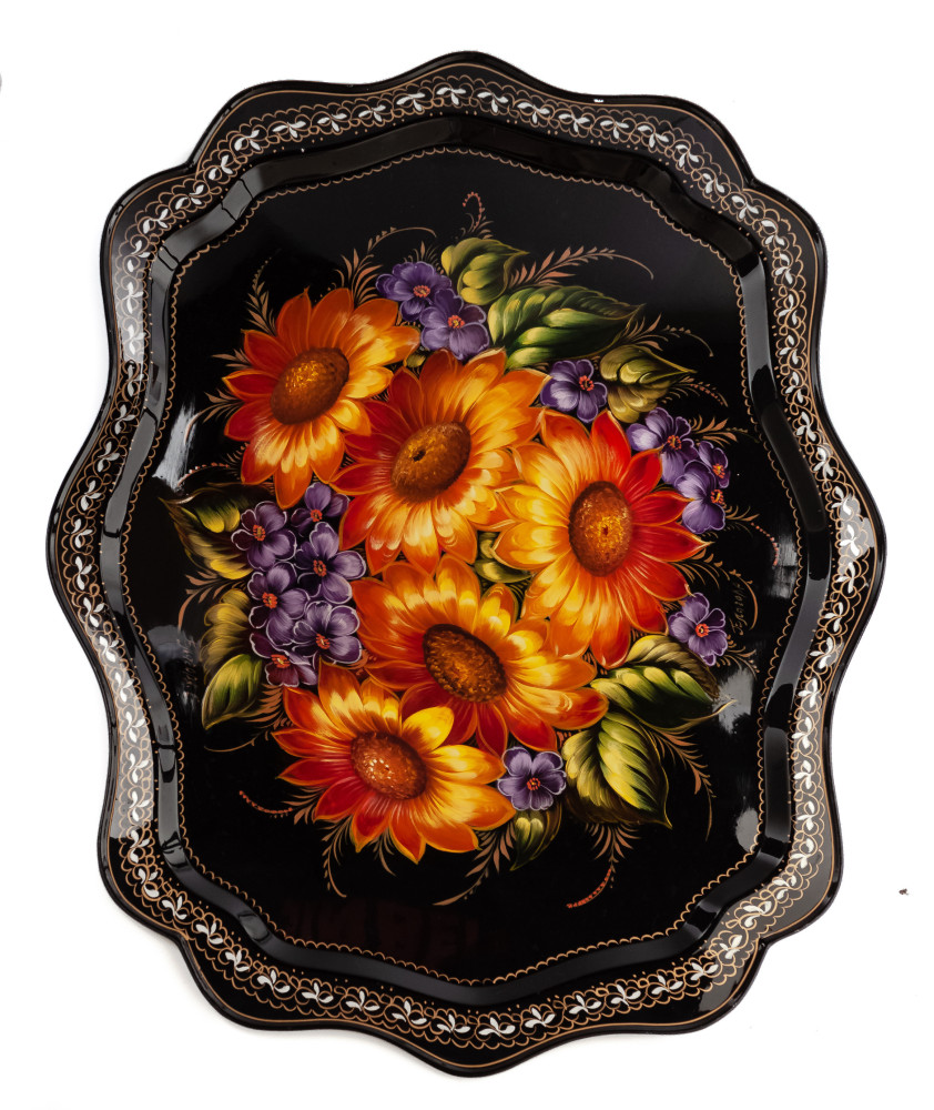 370x480 mm Zhostovo Patterns hand painted and lacquered by Blagova Metal Forged Tray (by Lada Crafts)