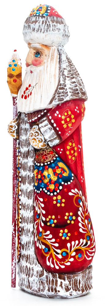190 mm Santa with a Magic Staff and a Bag Carved Wood Hand Painted Collectible Figurine (by Natalia Nikitina Workshop)