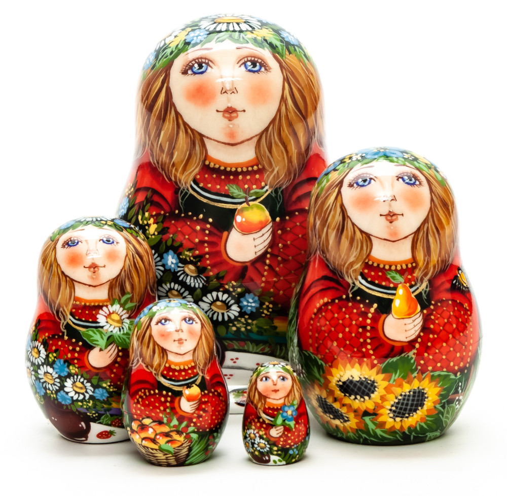 80 mm Girl with an Apple hand painted wooden Matryoshka 5 pcs (by Vasily Crafts)