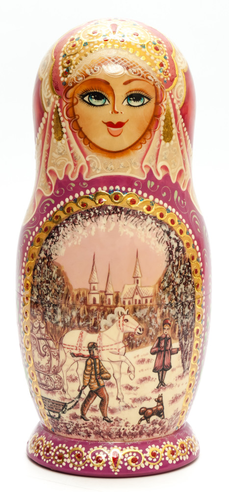 260 mm Russian Winter hand painted wooden Matryoshka doll 7 pcs (by GOLDEN COCKEREL)
