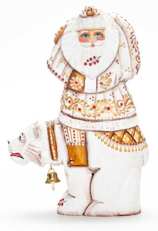 180 mm Santa Claus with a Bag Riding the Bear handpainted Wooden Carved Statue (by Natalia Nikitina Workshop)