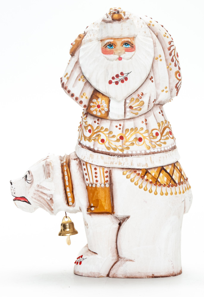 180 mm Santa Claus with a Bag Riding the Bear handpainted Wooden Carved Statue (by Natalia Nikitina Workshop)