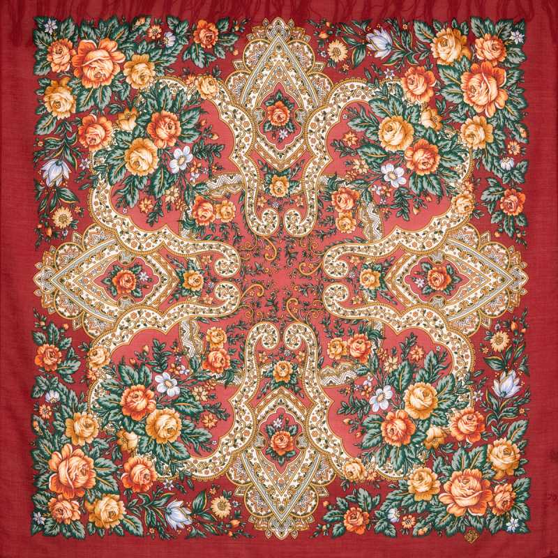 89x89 cm Tender feelings Woolen Shawl with Woolen Fringe Pavlovo Posad Manufactory
