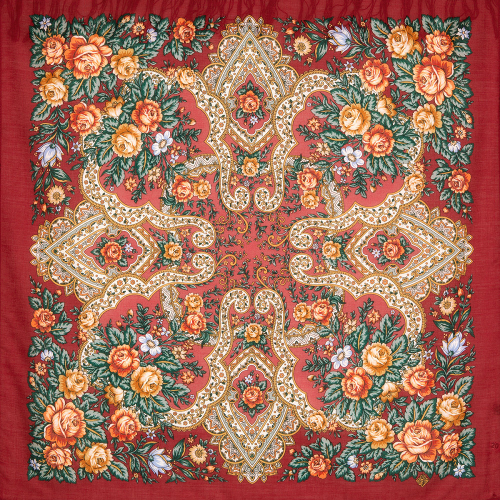 89x89 cm Tender feelings Woolen Shawl with Woolen Fringe Pavlovo Posad Manufactory