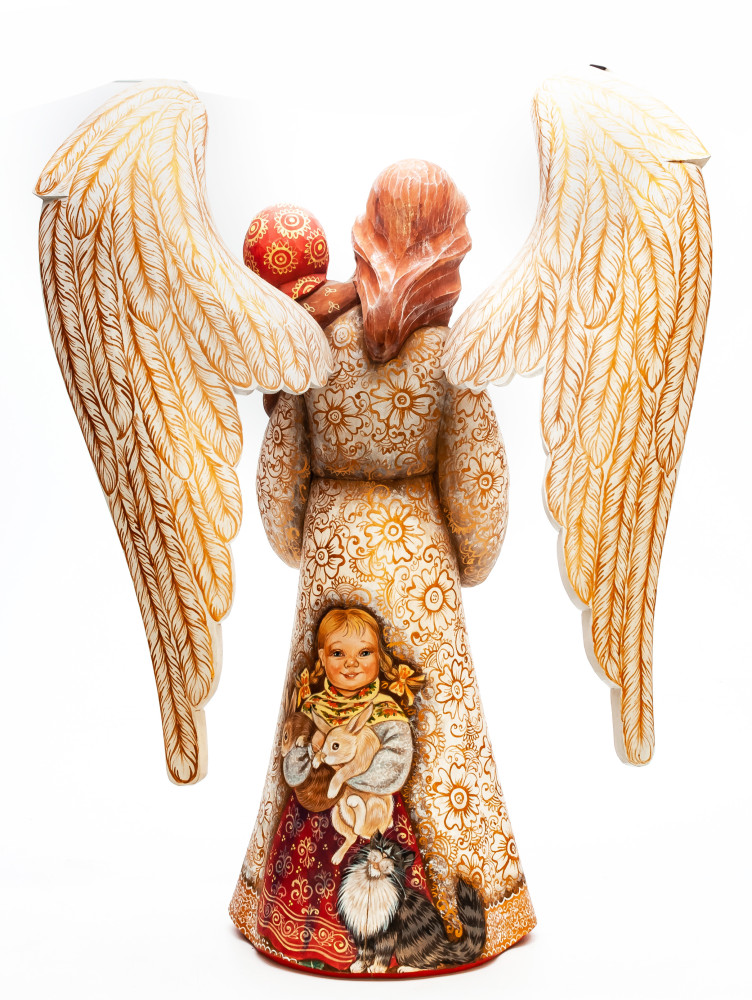 340 mm Mother Angel with Children hand painted wooden figurine (by Polar Bear Studio)