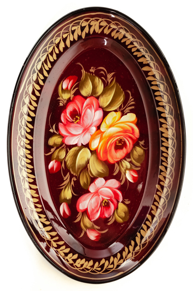 165x255 mm Zhostovo Patterns hand painted and lacquered Metal Forged Carmine Tray (by Lada Crafts)