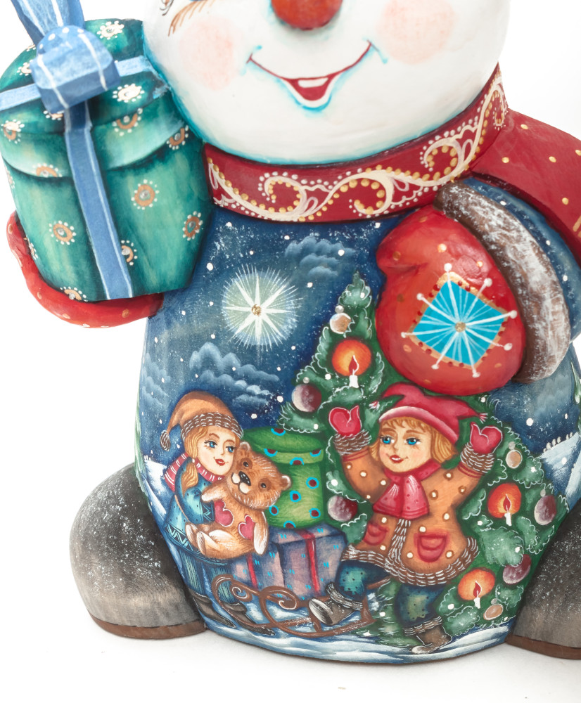 190 mm Snowman with hand painted Kids playing with a Toy Bear wooden figurine (by Sergey Christmas Workshop)