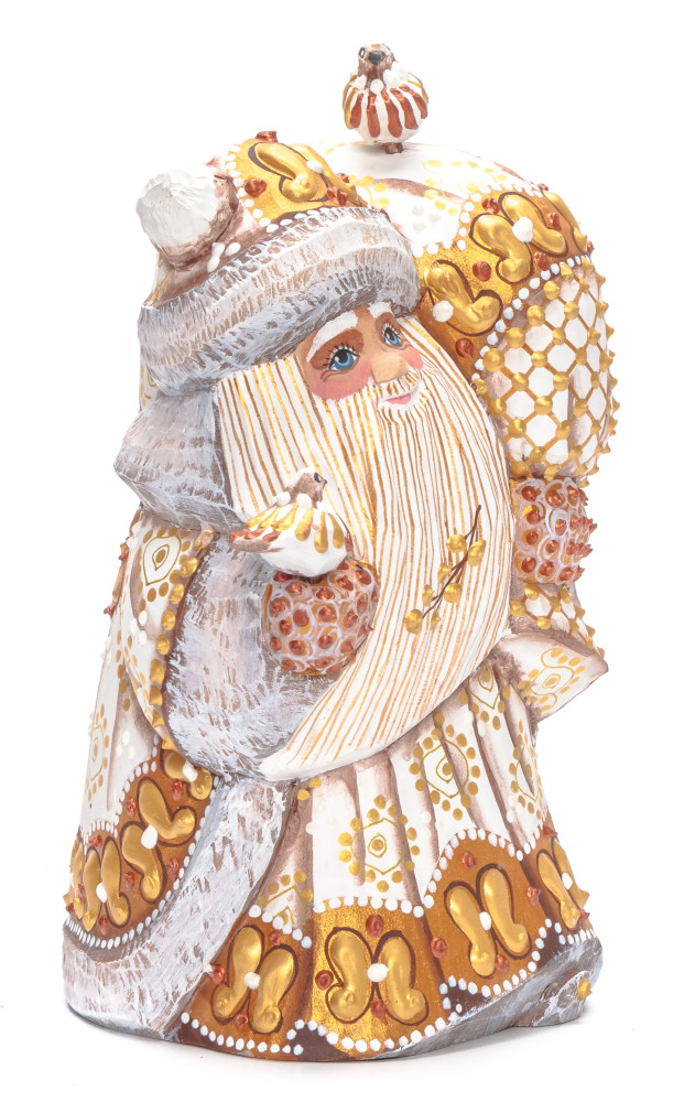 160 mm Santa with a Bag and Birds Carved Wood Hand Painted Collectible Figurine (by Natalia Nikitina Workshop)
