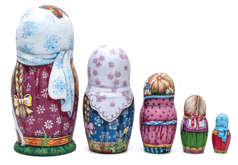 170 mm Girls playing with Kittens miniature hand painted wooden Matryoshka doll 5 pcs (by Nadezda Karpova Studio)