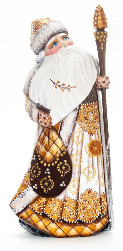 220 mm Santa Claus with a Magic Staff and a Bag handpainted Wooden Carved Statue (by Natalia Nikitina Workshop)