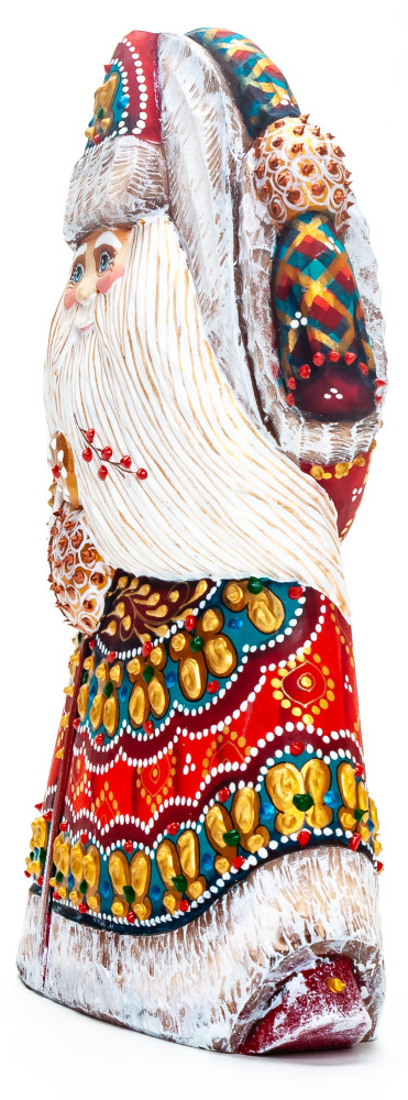 180 mm Santa with a Magic Staff and a Christmas Green Tree Carved Wood Hand Painted Collectible Figurine (by Natalia Nikitina Workshop)