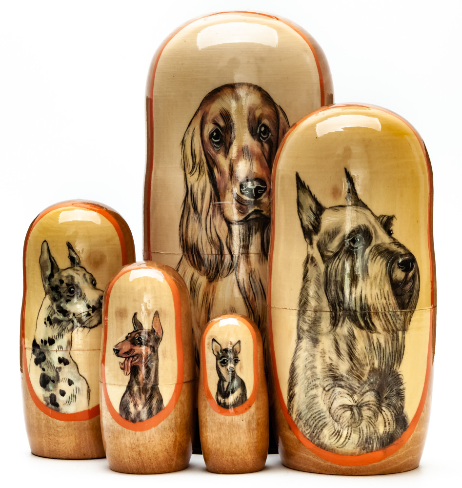 180mm Dog hand painted on wooden Matryoshka doll 5 pcs (by Alexander Famous Paintings Studio)
