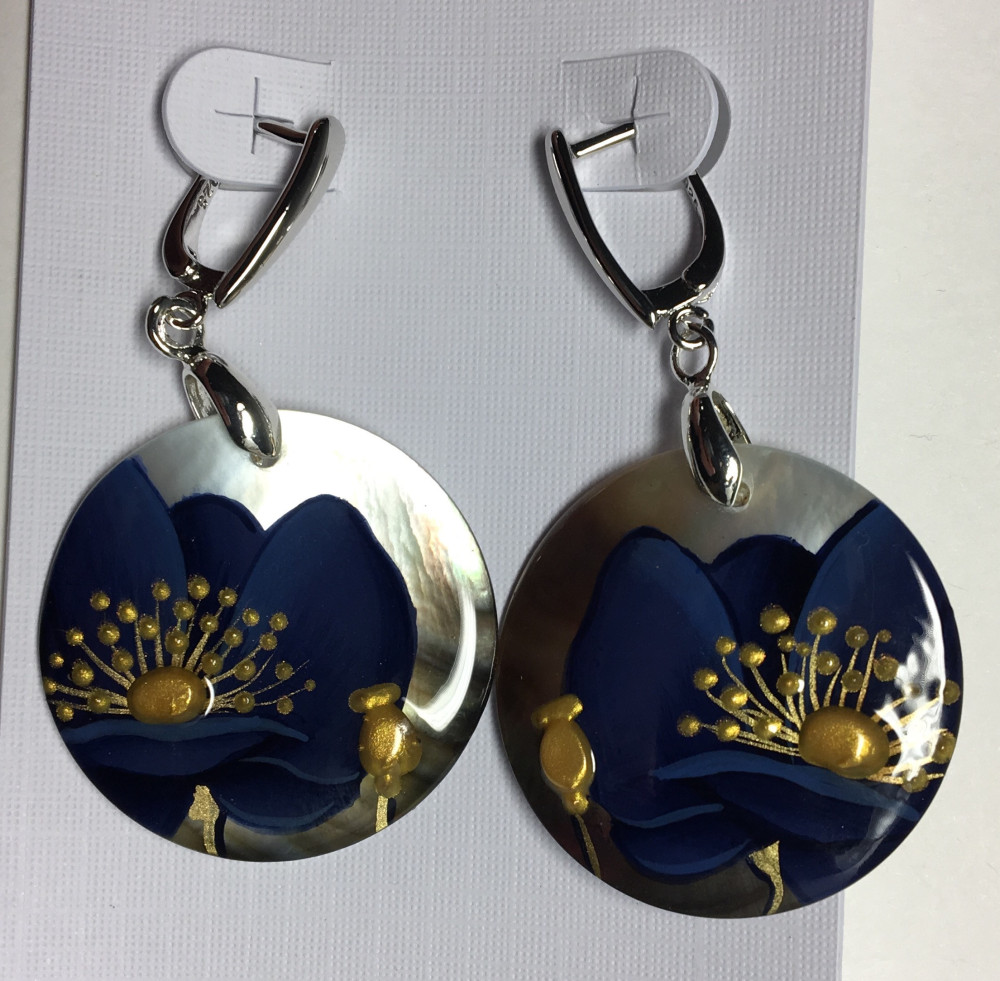 d30 mm Dark Blue Poppies hand painted on Nacre Earrings (by Tatiana Shkatulka Crafts)
