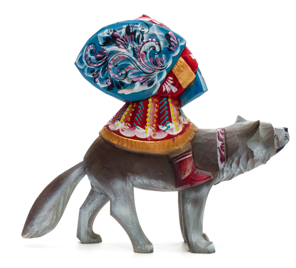 180 mm Santa with a Bag riding a Wolf Carved Wood Hand Painted Collectible Figurine (by Igor Carved Wooden Figures Studio)