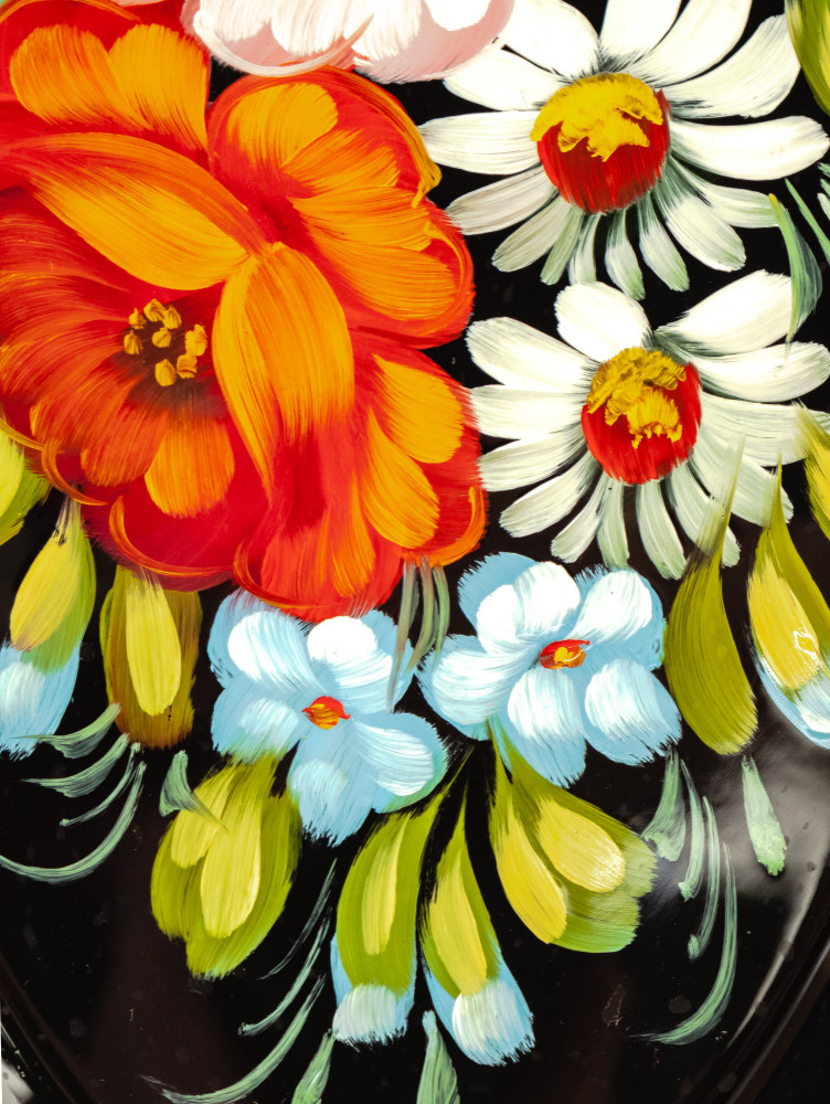 165x255 mm Zhostovo Patterns hand painted and lacquered Metal Forged Black Tray (by Lada Crafts)