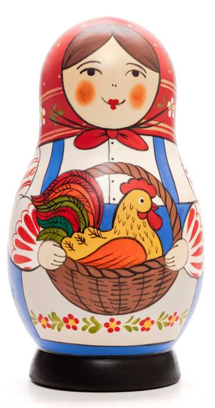 125 mm Mistress with Rooster hand painted Traditional Russian Wooden Matryoshka doll 5 pcs (by Igor Malyutin)