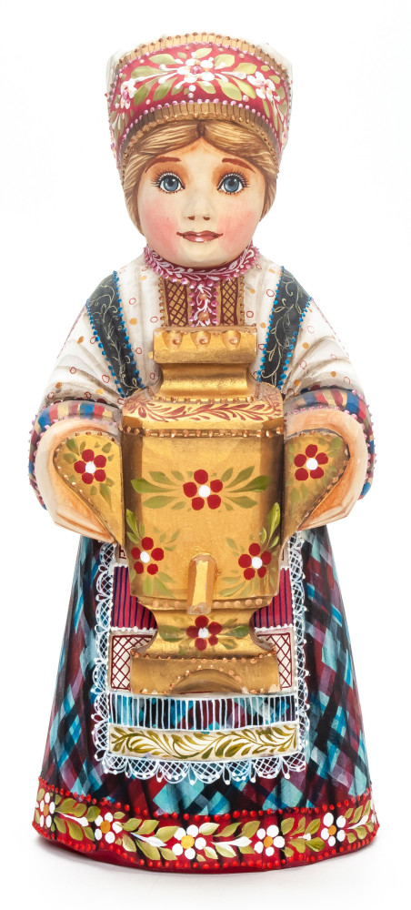 230 mm Girl with a Samovar hand painted Wooden Statue (by Karpova Nadezda)