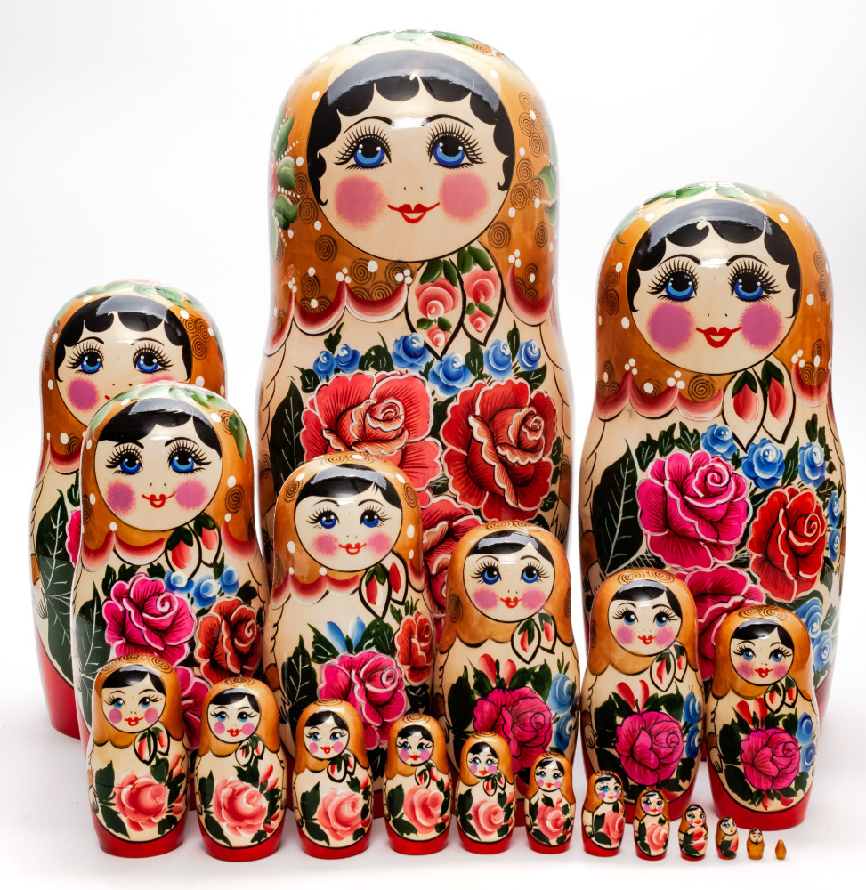 Golden Scarf Russian hand painted Wooden Matryoshka with 20 dolls inside