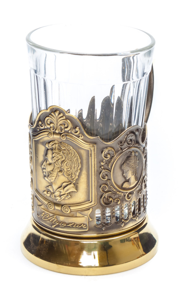 Pushkin Nickel Plated Brass Tea Glass Holder with Faceted Glass (by Kolchugino)