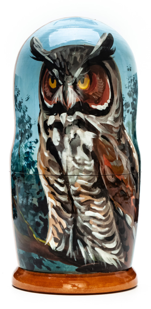 180mm Owl hand painted on wooden Matryoshka doll 5 pcs (by Alexander Famous Paintings Studio)