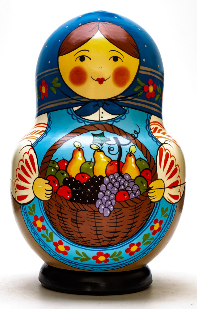 190 mm Mistress with Backet full of Fruits hand painted Traditional Russian Wooden Matryoshka round doll 10 pcs (by Igor Malyutin)