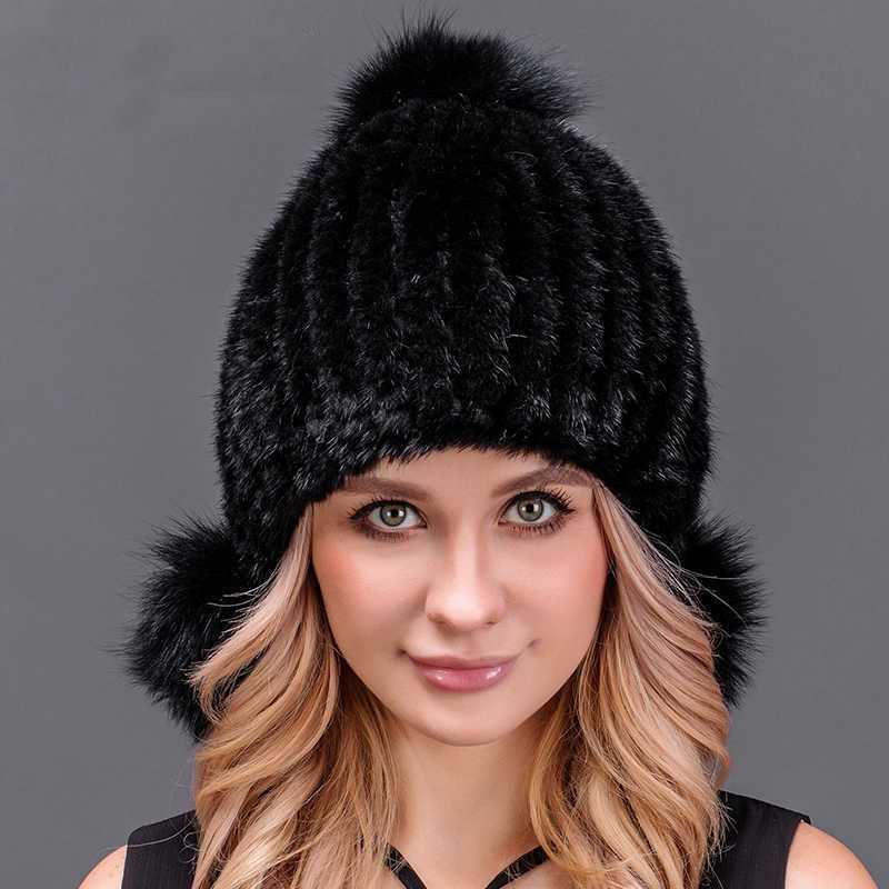 Black Knitted Mink Fur Hat with 3 pompons