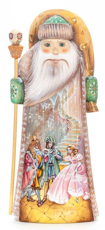 230 mm Santa with a Magic Staff and a Bag with handpainted Cinderella Wooden Carved Statue (by Igor Carved Wooden Figures Studio)