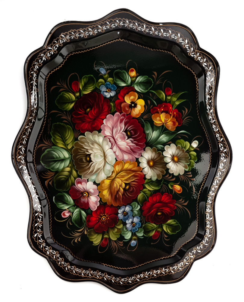 370x480 mm Zhostovo Patterns hand painted and lacquered by Gogina Metal Forged Tray (by Lada Crafts)