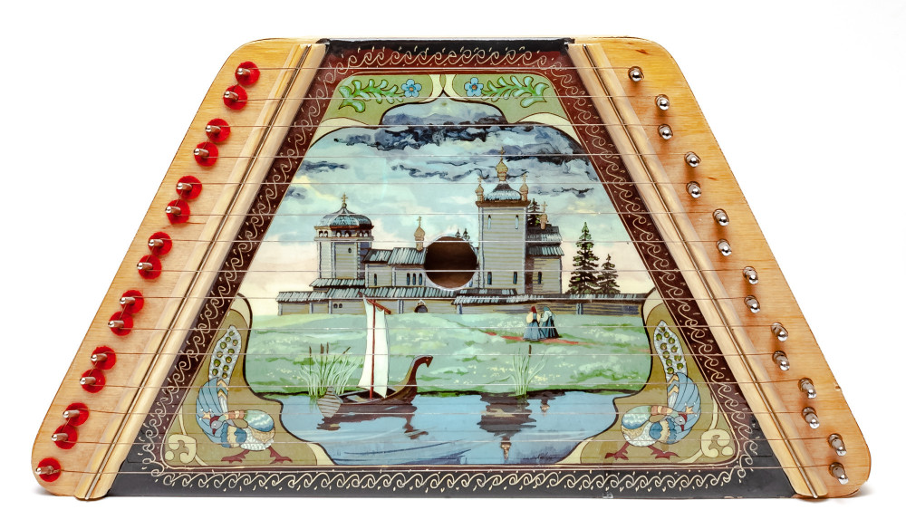 Russian Ancient City hand painted wooden multi string Gusli (by Gusli Studio)