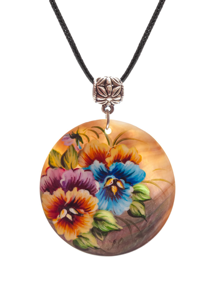 d50 mm Flowers hand painted Nacre Pendant (by Tatiana Shkatulka Crafts)