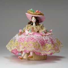 Girl in a nice Summer Hat and Dress sitting on Jewelry Box (hand-sewn Doll by Le Russe)
