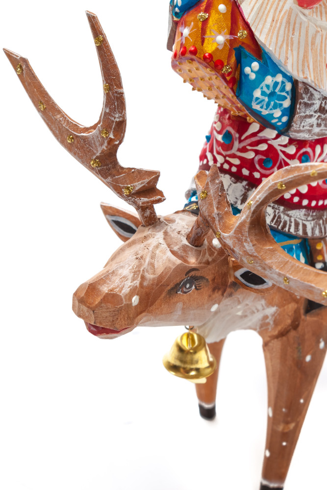 180 mm Santa with a Bag riding the Deer Carved Wood Hand Painted Collectible Figurine (by Natalia Nikitina Workshop)