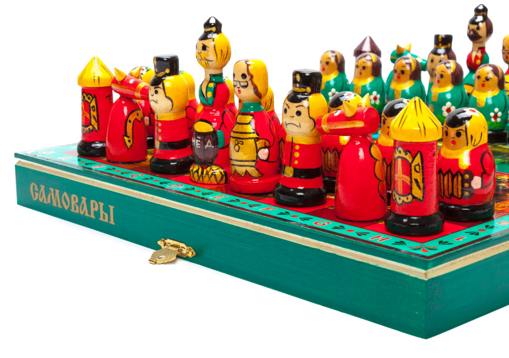 Wooden Chess Board with Russian Samovars Hand Painted Chess Pieces