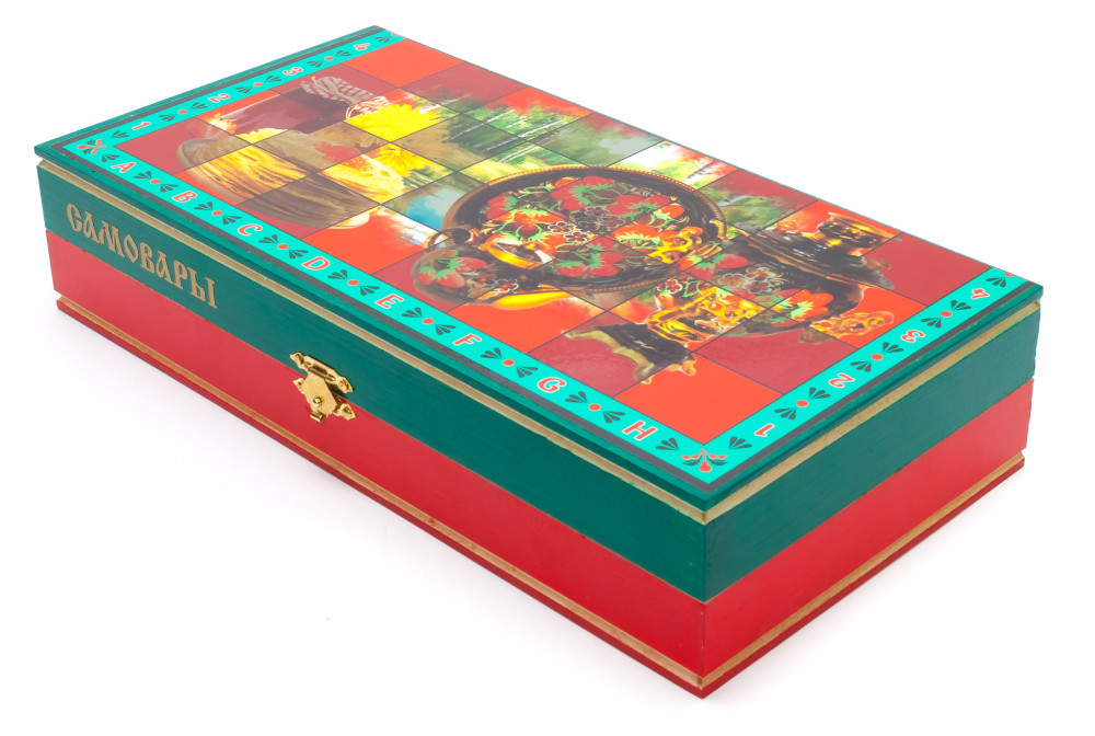 Wooden Chess Board with Russian Samovars Hand Painted Chess Pieces