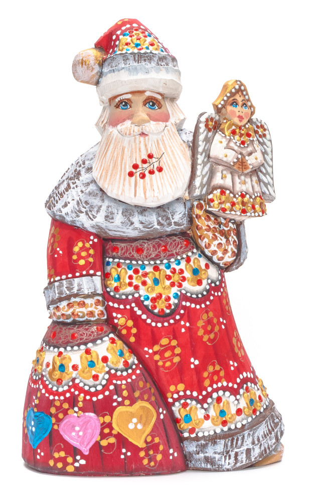 180 mm Santa with a Bag and an Angel Carved Wood Hand Painted Collectible Figurine (by Natalia Nikitina Workshop)