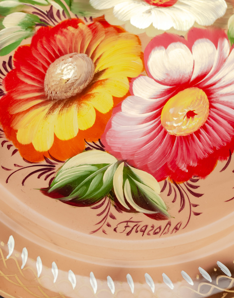  d 180 mm Zhostovo Patterns hand painted and lacquered by Blagova Metal Forged Brown Tray (by Lada Crafts)
